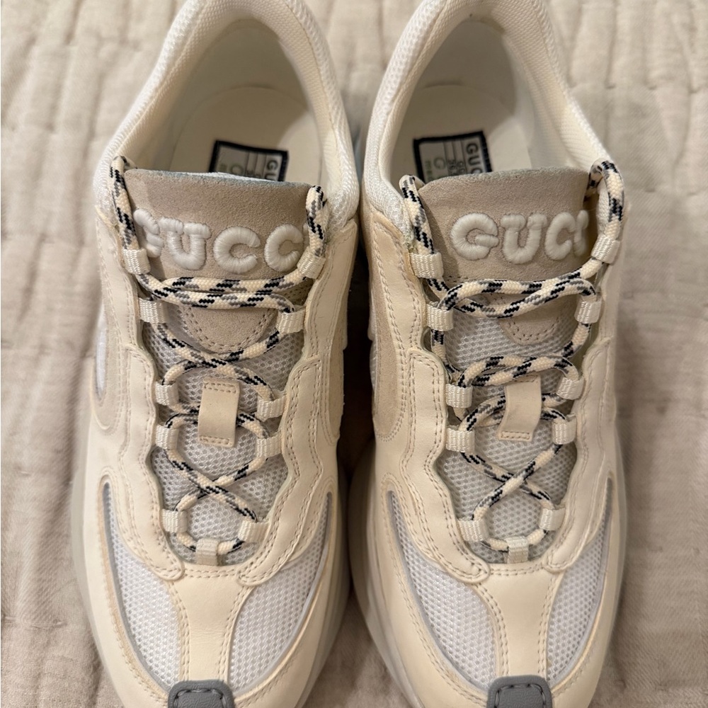 Gucci Beige and White Lace-Up Sneakers